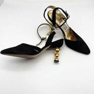 Timothy Hitsman Black High Heeled Shoes Ankle Strap Gold Heel Sz 8 Suede-Like